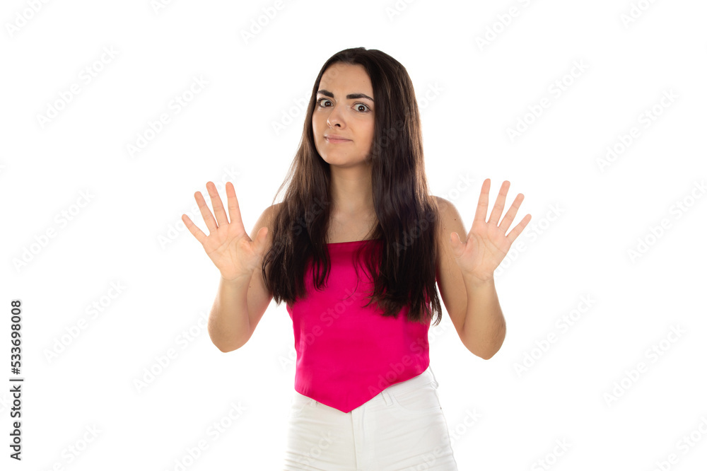 Surprised brunette girl with long hair refusing something Surprised brunette girl with long hair refusing something