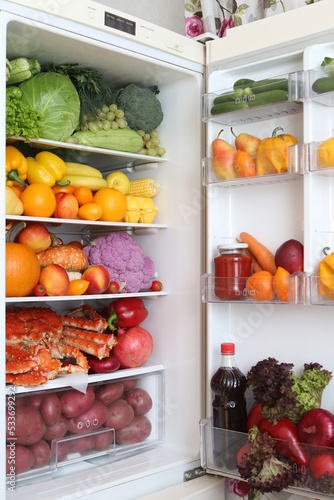 Refrigerator, content. Color diet. Organic food, fruits, vegetables. Rainbow food in fridge, refrigerator. Healthy, dietary nutrition. Multicolored nutrition for vegetarians, vegans. Products for diet