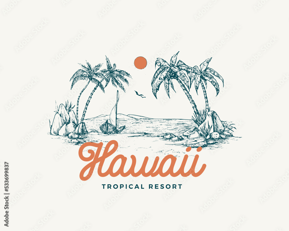 Hawaii tropical resort view badge or logo template. Hand drawn beach ...