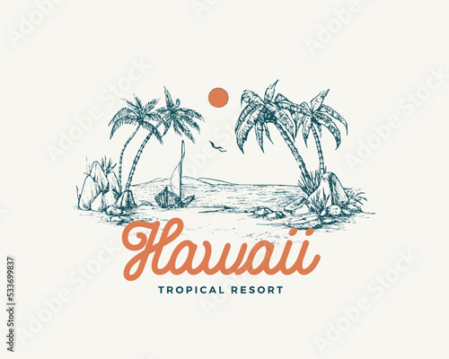 Hawaii tropical resort view badge or logo template. Hand drawn beach with palm trees and sail boat sketch with typography. Premium nature sea landscape emblem Isolated