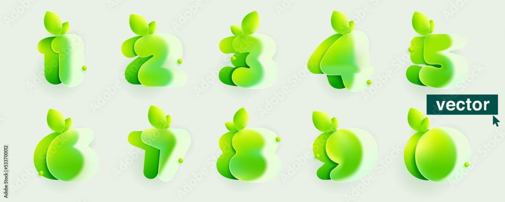 Numbers set ecology icons in realistic Glassmorphism style. Vector blurry translucent logos with green leaves. Numbers set ecology icons in realistic Glassmorphism style. Vector blurry translucent logos with green leaves.