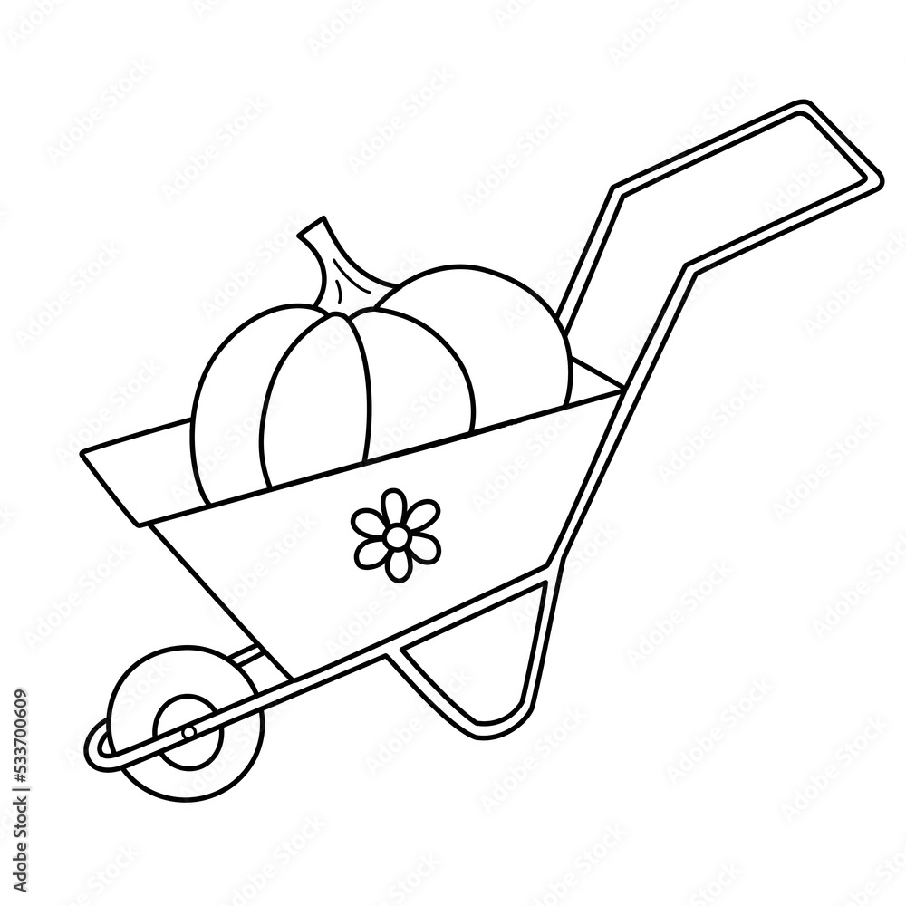 Garden wheelbarrow with pumpkin, gardening doodle icon, vector illustration of one wheel ...