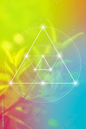 Sacred geometry spiritual new age futuristic illustration with transmutation interlocking circles, triangles and glowing particles