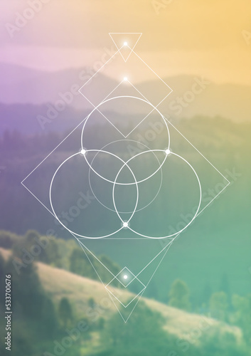Flower of life. Tree of life. Sacred geometry spiritual new age futuristic illustration with transmutation interlocking circles, triangles and glowing particles