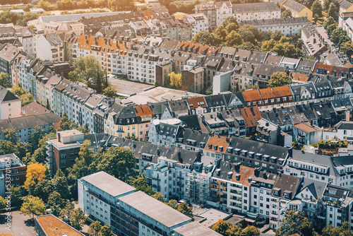 Aerial view of the historic district of Dusseldorf with houses with picturesque roofs