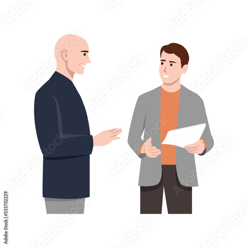 Two businessman talking. Meeting of friends or colleagues. Communication. People conversation. Flat vector illustration isolated on white background