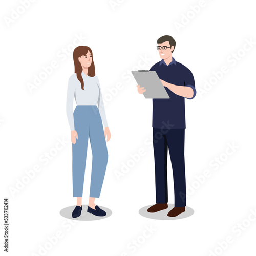 Business man is conducting a survey. Businessman answers questions of interview. People conversation. Flat vector illustration isolated on white background