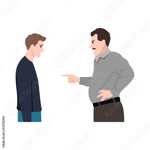 Angry boss character yelling at employee office worker. Flat vector illustration isolated on white background