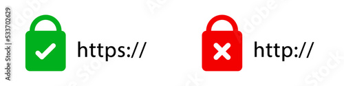 Conjunto de iconos de conexión segura e insegura. https y http. Candado de seguridad. Ilustración vectorial