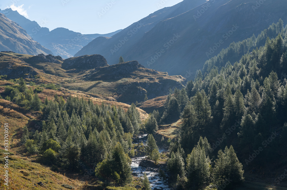 Naklejka premium An alpine village nestled in the mountains, surrounded by lush greenery and clear skies, capturing the natural beauty of the Alps.