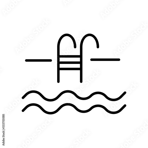 Swimming pool ladder line icon. Swim, water drops, swimmer, competition, recreation, sunbathing, rest, summer, hobby. Water concept. White background. Vector line icon for Business and Advertising