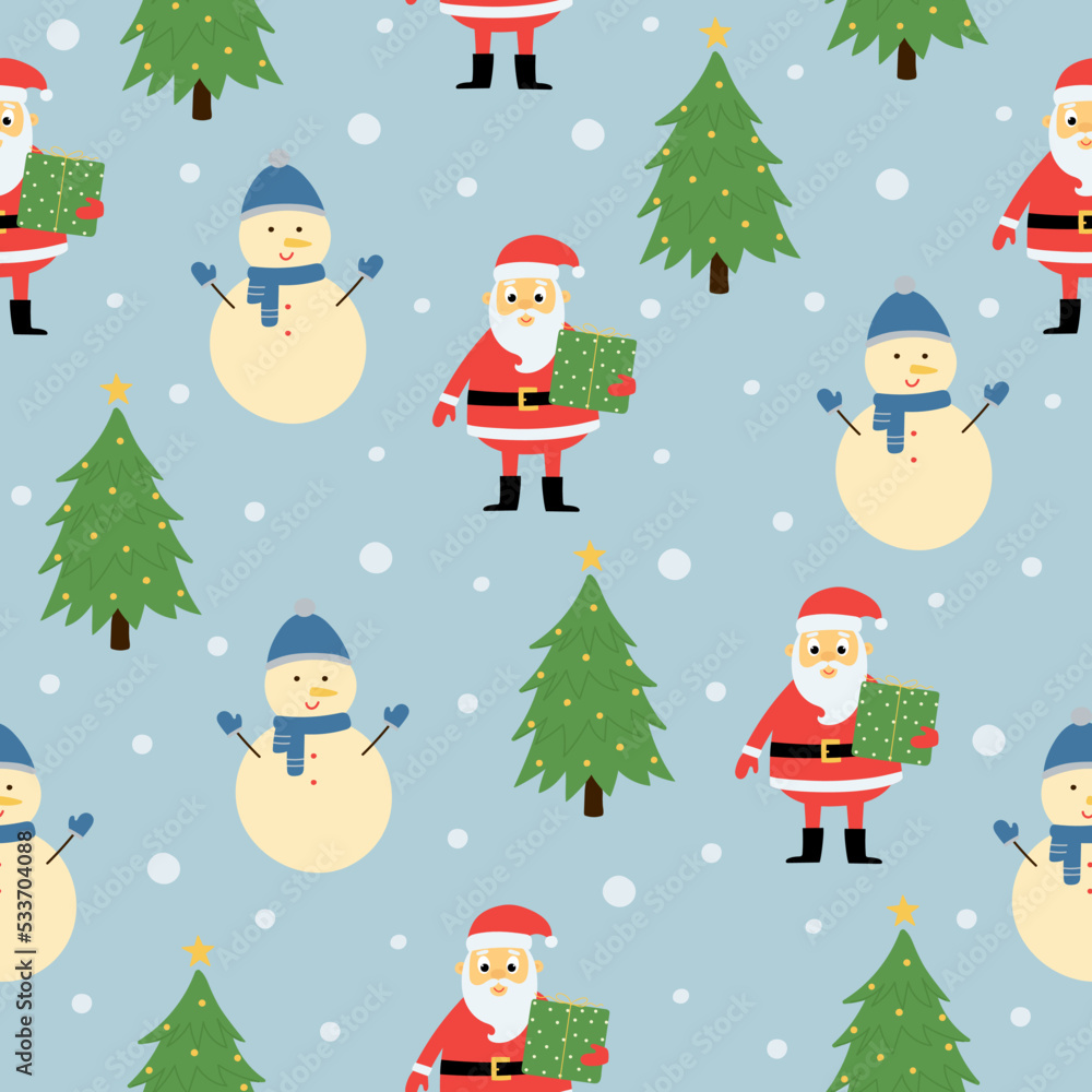 Seamless pattern of cute santa claus, snowman and christmas tree on blue background. Background for Christmas design. 