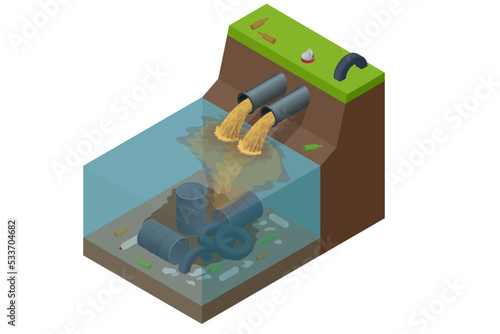 Isometric Dirty waste water. Water pollution at the bottom are tires, barrels, garbage. Discharge of liquid chemical waste. The danger for the environment.