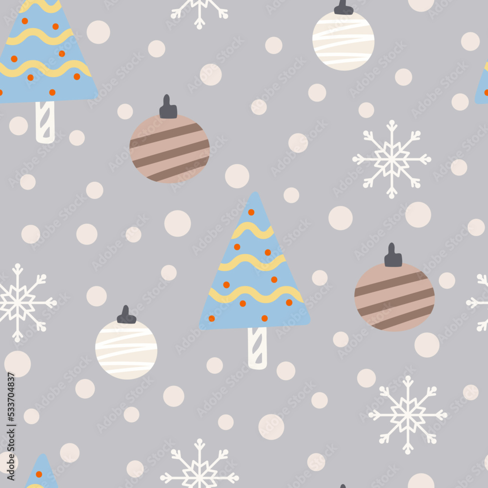 Christmas tree and snowflake seamless pattern. New Year Vector illustration in Scandinavian style