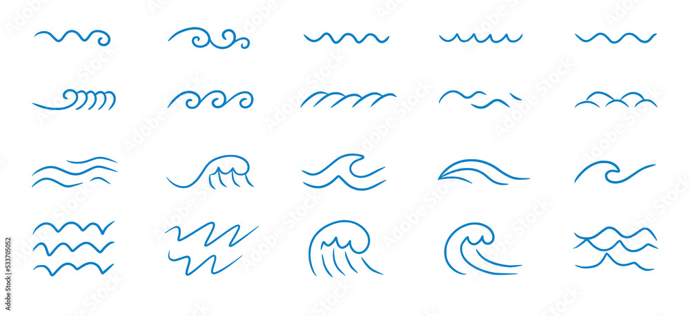Wave sea line doodle icon set. Hand drawn sketch water wave outline. Simple curve, scribble aqua flow. Isolated vector illustration.