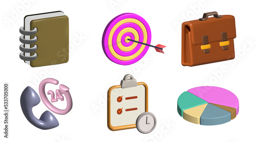 business 3d icon set with target board, briefcase, piechart, call center