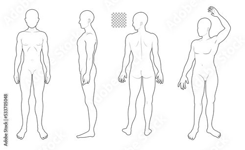 Human body full body illustration set transparent background solid line, man, front & side back medical, fashion style © pil