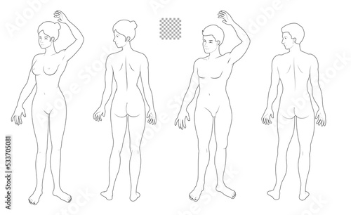 Human body full body illustration set transparent background solid line, man, woman, front side medical, fashion style