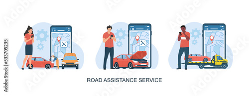 Set for roadside assistance service concept. Vector illustration.