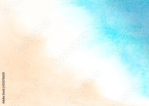 Watercolor painting blue ocean wave on sandy beach background.  Abstract blue sea and beach summer background for banner, invitation, poster or web site design, imitation, space for text..