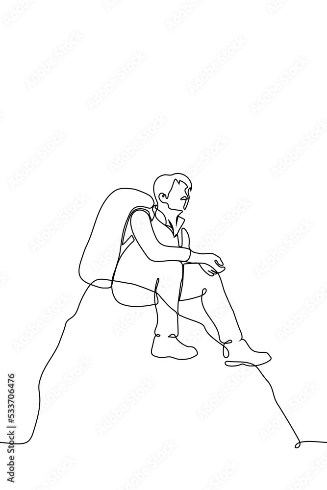 traveler with backpack on his back sits on top of a mountain - one line drawing vector. concept of lonely traveler, climber, metaphor to get to the goal traveler with backpack on his back sits on top of a mountain - one line drawing vector. concept of lonely traveler, climber, metaphor to get to the goal