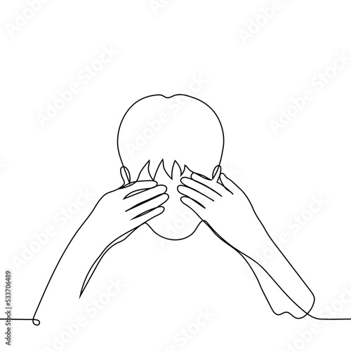 man closed his eyes with his head down - one line drawing vector. concept to feel cringe, to be ashamed, it hurts to look, vision problems