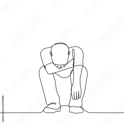 man squatting with his head down and covering his face - one line drawing vector. concept fatigue, crisis, burnout, sobs