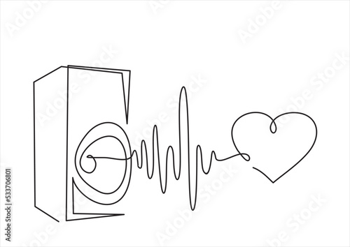 Continuous one line drawing of music column and heart as line drawing on white background. Vector