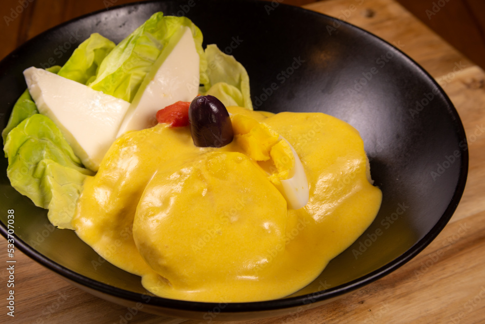 Typical peruvian food and drinks, huancaina potato Stock Photo Adobe
