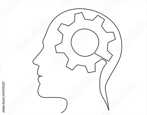 Continuous one line drawing of man  head and gears inside as line drawing on white background. Vector
