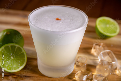 Typical peruvian food and drinks, pisco sour cocktail