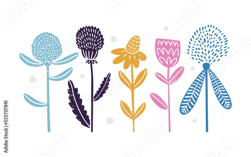 Set with hand drawn textured silhouette wild flowers in linocut style. Isolated on white vector illustration
