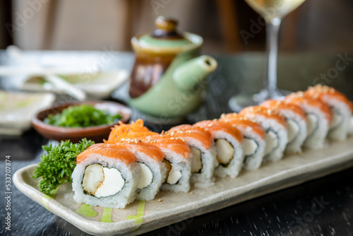 Typical peruvian food and drinks, variety of sushi