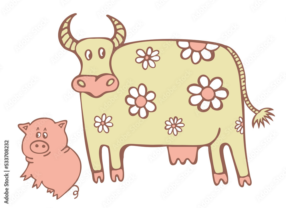 Cow in camomiles and little pig. Cute domestic animals. Doodle vector illustration isolated on white background. Cow in camomiles and little pig. Cute domestic animals. Doodle vector illustration isolated on white background.