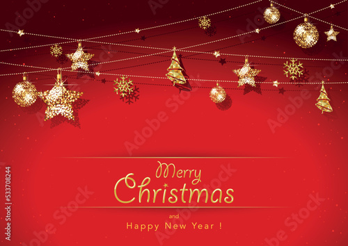 Christmas Greeting Card with Golden Hanging Ornaments over a Red Background -...