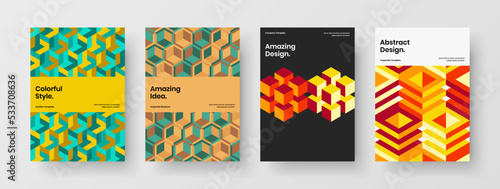 Simple magazine cover A4 design vector layout set. Clean geometric hexagons presentation concept collection.