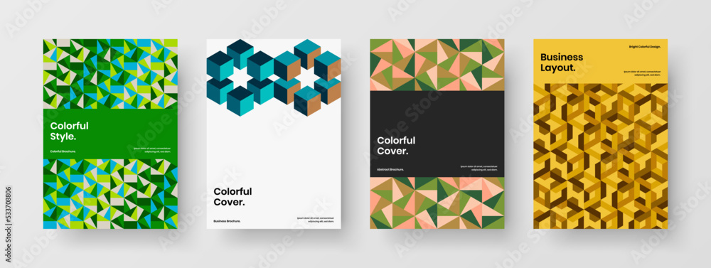 Multicolored mosaic tiles cover illustration set. Minimalistic leaflet A4 vector design concept composition.