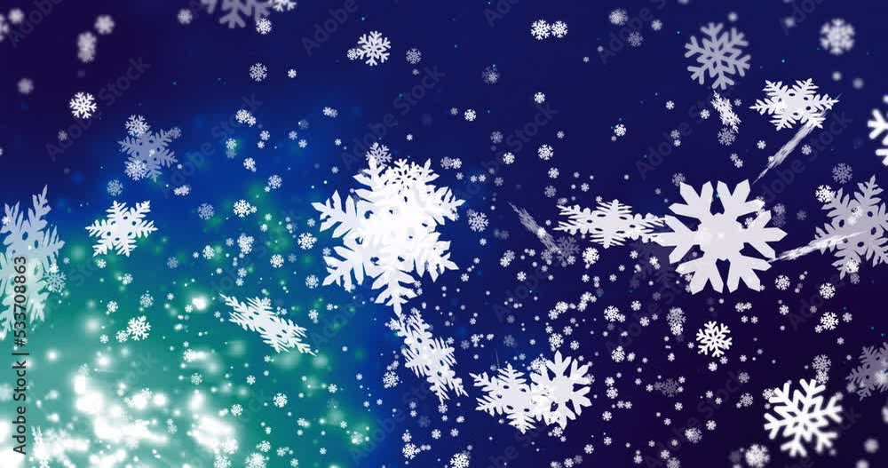 Animation of white christmas snowflakes over falling snow and blue lights Animation of white christmas snowflakes over falling snow and blue lights