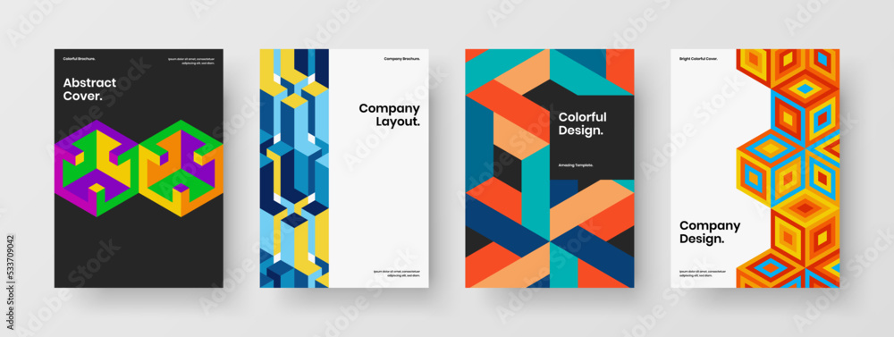 Creative geometric hexagons flyer concept composition. Vivid postcard design vector template collection.