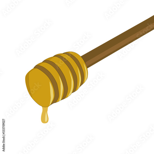 Honey dripping to a honey dipper isolated on a white background.  Concept healthy food. 