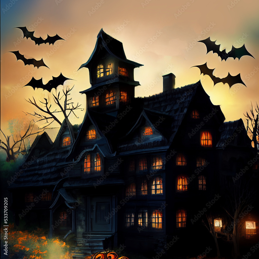 Obraz premium Halloween background with pumpkins and horror house