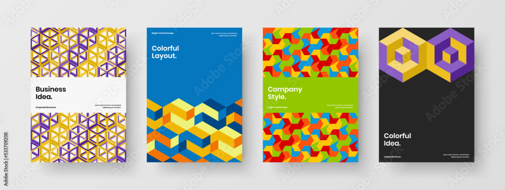 Modern corporate cover A4 vector design layout set. Isolated mosaic tiles front page template composition.