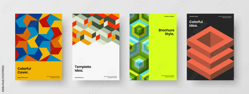 Clean geometric tiles handbill template set. Original journal cover A4 vector design illustration composition.