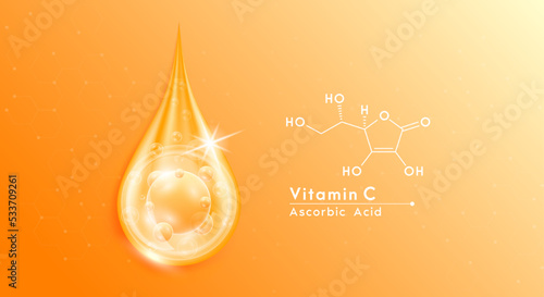 Serum drop water vitamin C orange and structure. Vitamins complex with collagen oxygen bubbles. Banner design template skin care cosmetics solution. Beauty medical concepts. 3D Realistic Vector EPS10.