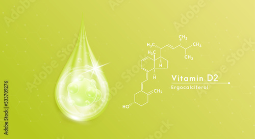 Serum drop water vitamin D2 and structure. Vitamins complex with collagen oxygen bubbles. Banner design template skin care cosmetics solution. Beauty medical concepts. 3D Realistic Vector EPS10.