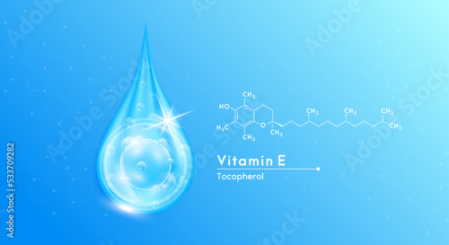 Serum drop water vitamin E blue and structure. Vitamins complex with collagen oxygen bubbles. Banner design template skin care cosmetics solution. Beauty medical concepts. 3D Realistic Vector EPS10.