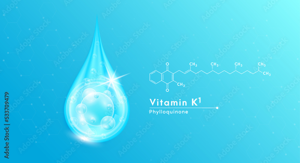 Serum drop water vitamin K1 blue and structure. Vitamins complex with