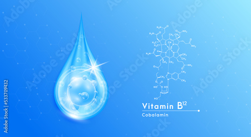 Serum drop water vitamin B12 blue and structure. Vitamins complex with collagen oxygen bubbles. Banner design template skin care cosmetics solution. Beauty medical concepts. 3D Realistic Vector EPS10.