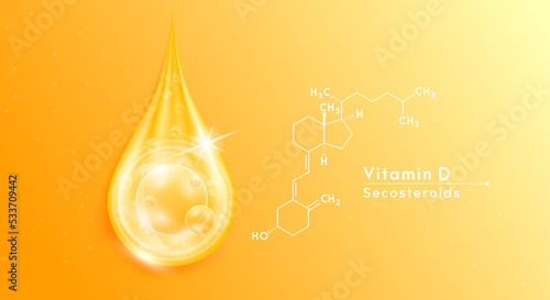 Serum drop water vitamin D orange and structure. Vitamins complex with collagen oxygen bubbles. Banner design template skin care cosmetics solution. Beauty medical concepts. 3D Realistic Vector EPS10.