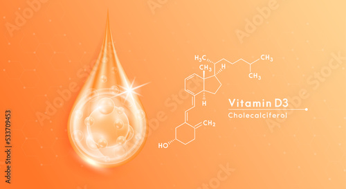 Serum drop water vitamin D3 orange and structure. Vitamins complex with collagen oxygen bubbles. Banner design template skin care cosmetics solution. Beauty medical concepts. 3D Realistic Vector.